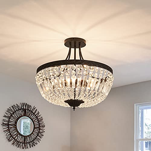 5 Light E12 Round Crystal Ceiling Light Fixture Modern Semi Flush Mount Chandelier Ceiling Lamp for Living Room Dining Room Entryway Hallway Foyer Bedroom Laundry Bathroom（Black）
