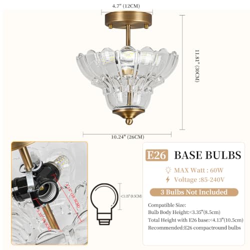 Antique Brass Finish Semi Flush Mount Light with Floral Class Shade (Antique Brass)