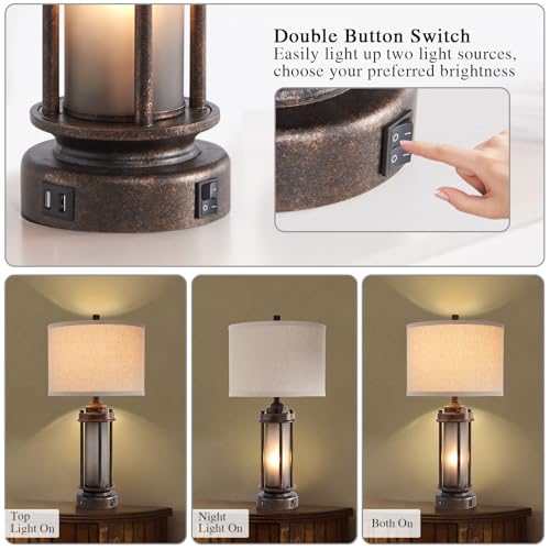 25" Farmhouse Lamps for Living Room with 2 USB C+A Ports