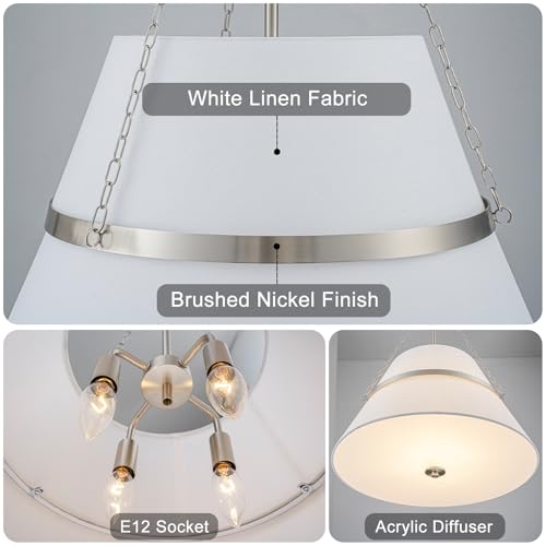 20" Brushed Nickel Drum Chandelier for Dining Room Linen Pendant Light
