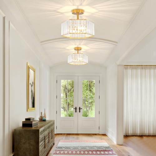 3 Light Crystal Semi Flush Mount Ceiling Light Gold Hallway Light Fixture