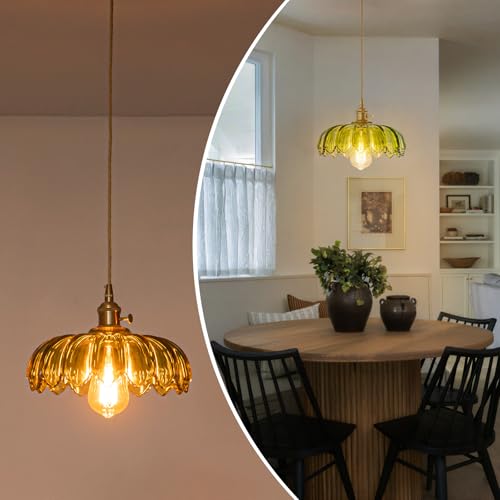 EDSILIVE Vintage Flower Glass Pendant Lights Kitchen Island 9.84" Antique Flower Green Glass Hanging Ceiling Light Fixture with Adjustable Brass Twine Wire for Dining Room Kitchen Table