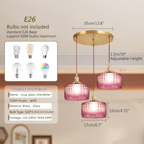 Gold Cluster Chandelier Globe Glass Ceiling Pendant Lights Pink Hanging Pendant Light Brushed Brass Dining Room Chandeliers Mid Century Modern Hanging Light Kitchen Adjustable Cord