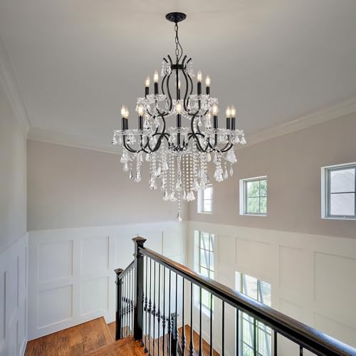 French Country Black Iron Crystal Chandelier
