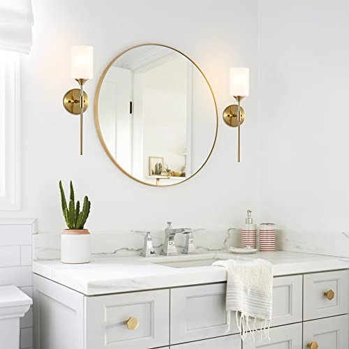 Gold Wall Sconce Set of 2 with White Cylinder Glass Shades Modern Mid Century Bathroom Vanity Wall Light Fixtures Industrial Brushed Brass Wall Lamp for Bedroom Mirror Living Room Restaurant (2 Count)