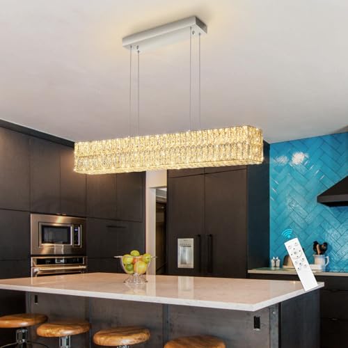 40 Inch Glam Crystal Chandelier Modern Dimmable Crystal Chandeliers LED Rectangular Ceiling Light Fixtures for Dining Room Living Room Silver