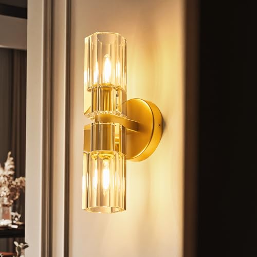 2 Light Gold Wall Sconces Crystal Wall Sconce Modern Wall Sconces with K9 Crystal Lampshade Hallway Sconces Wall Lighting Indoor Wall Light Fixtures for Bathroom Entryway Stairway（1