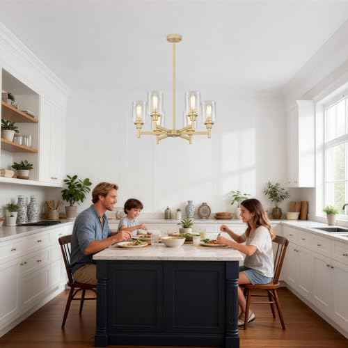 6 Light Gold Farmhouse Chandeliers for Dining Room Light Fixture 25"