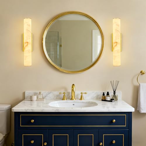 Natural Alabaster Wall Sconces Set of Two Spanish Marble Wall Light Cylinder Modern Gold LED Sconce for Bedroom Bathroo Stairs Living Room（S