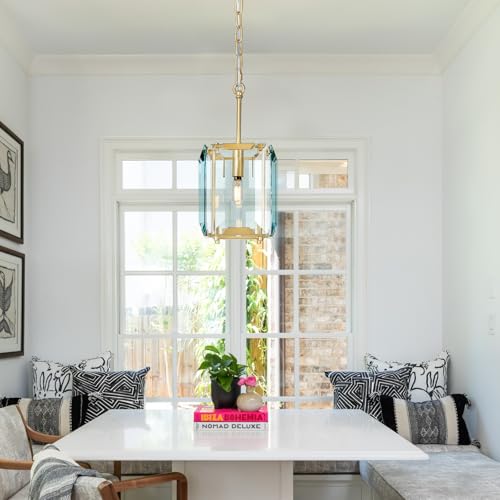 Gold Modern Crystal Chandeliers Rectangle Farmhouse Pendant Light Semi Flush Mount Ceiling Light Fixture for Bedroom Dining Room Kitchen Island Living Room Foyer Hallway