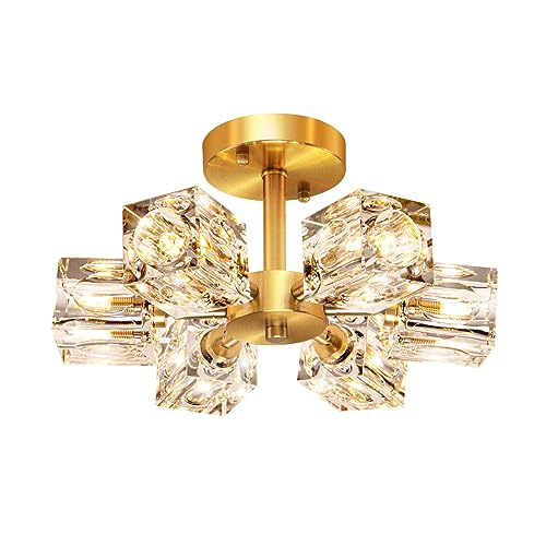 Semi Flush Mount Ceiling Light Fixture Modern 6 Lights Gold Crystal Chandelier