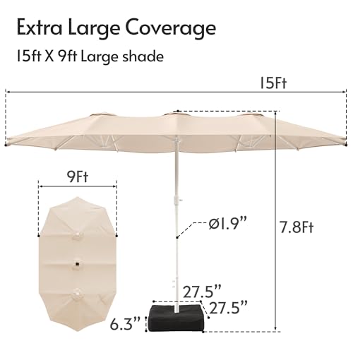 15ft Double Sided Patio Umbrella with Solar Lights and Base Included