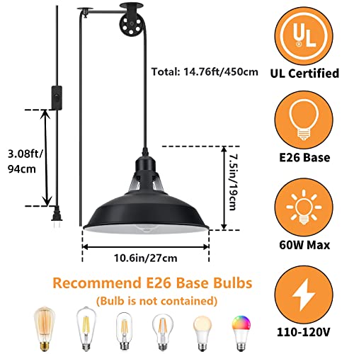 Plug in Pulley Pendant Light with 14.76ft Cord On