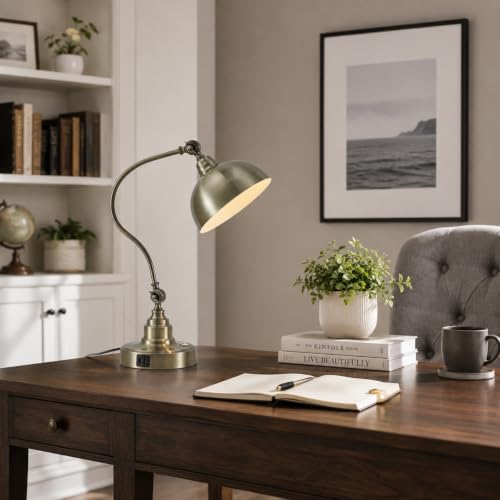 Dimmable Touch Control Antique Brass Swing Arm Desk Lamp with Charging Port