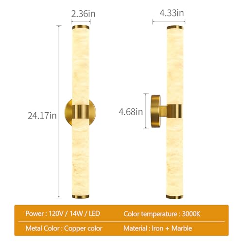 Natural Alabaster Wall Sconces Modern Gold LED Wall Lights 24" Spanish Marble Cylinder Sconces for Living Room Bedroom Bathroom Hallway