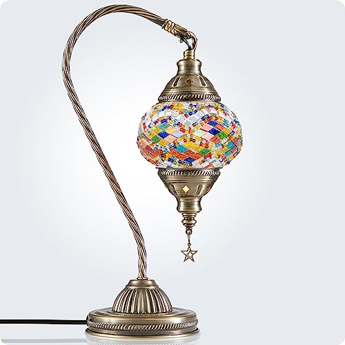 Turkish Moroccan Lamp with Bronze Base 3 Color Options Handmade Swan Neck Mosaic Glass Bedside Lamps for Bedroom