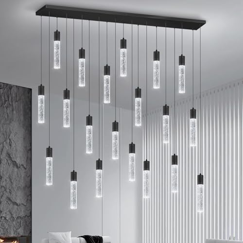 20 Lights Modern Crystal Rectangular Chandeliers LED Pendant Light for Kitchen Island High Ceiling Chandelier for Dining Room Entrance Foyer Living Room Black