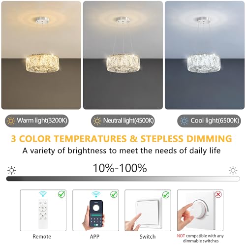 Modern Ring Crystal Chandelier Remote Dimmable Pendant Ceiling Light Fixtures for Living Room Kitchen Island Dining Room Silver