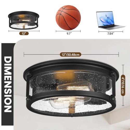 Farmhouse Black Flush Mount Ceiling Light Fixtures with Seeded Glass (Black)