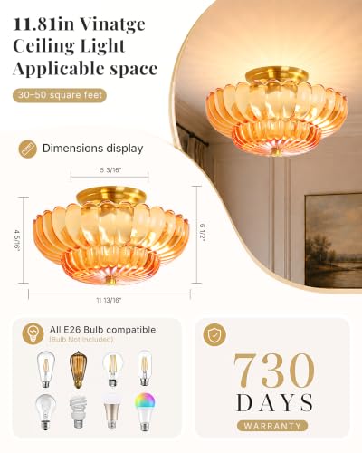 Semi Flush Mount Ceiling Light Fixture 11.8" Vinatge Gold Ceiling Lights Mid Century Modern Orange Glass Close to Ceiling Lighting Fixtures for Bedroom Hallway Foyer Bathroom Kitchen Entryway