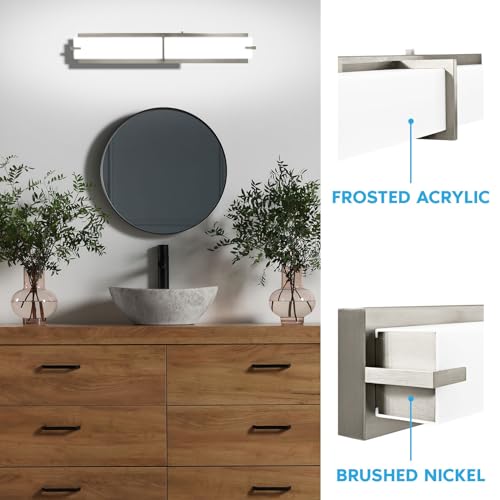 24 Inch LED Vanity Lights Brushed Nickel Bathroom Light Fixtures 3CCT Selectable 3000K 4000K 5000K Modern Vanity Light Bar Over Mirror 25W 1750 Lumens Dimmable Damp Rated ETL Listed