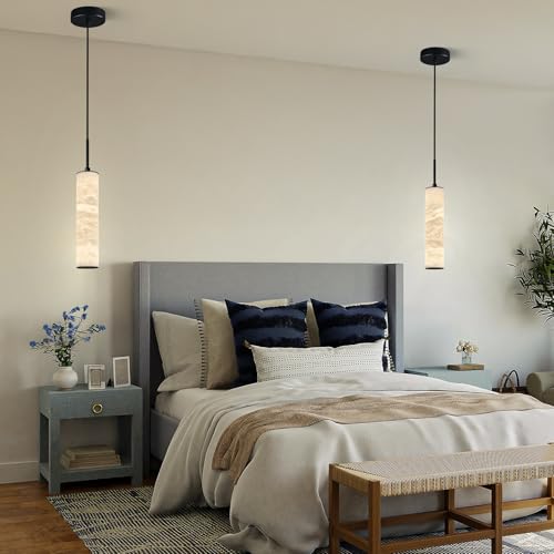 Natural Alabaster Pendant Lights 4000k Modern Black Ceiling Light White Marble Long Tube Chandelier for Kitchen Island Bedroom Dining Room Table Living Room (2.99 Count)
