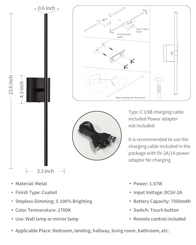 Black 23.6" Cordless Wall Sconces Set of 2 (2 Count)