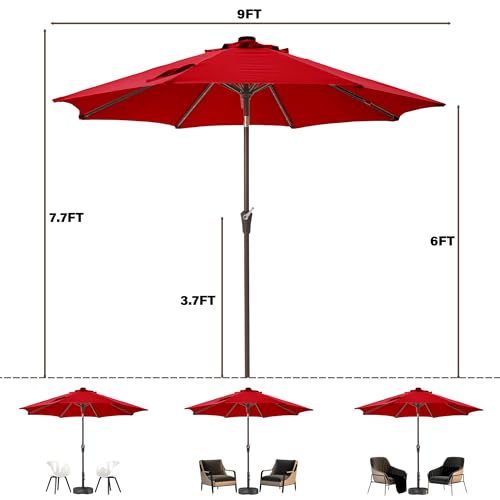 9 ft Patio Umbrella with lights Outdoor Table Umbrella for pool red