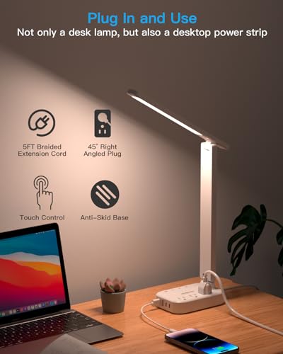 Small LED Desk Lamp Power Strip 5ft Extension Cord with 3 Outlets 4 USB Ports