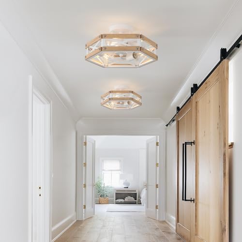 3 Light Modern Farmhouse Wood Flush Mount Ceiling Light Fixture 14.5 inch Vintage Natural Wood and Metal Cage Semi Flush Mount Ceiling Light for Hallway Entry Bedroom Farmhouse