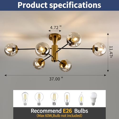 6 Light Gold Sputnik Chandelier Modern Semi Flush Mount Ceiling Light with Glass Globe Shade Mid Century Ceiling Lighting for Dining Room Living Room Kitchen Farmhouse Bedroom