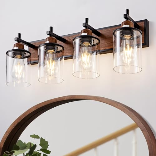 4 Light Farmhouse Bathroom Light Fixtures Vintage Bathroom Vanity Lights Over Mirror Black and Wood Painted Metal Vanity Light for Bathroom with Glass Shades E26 Socket