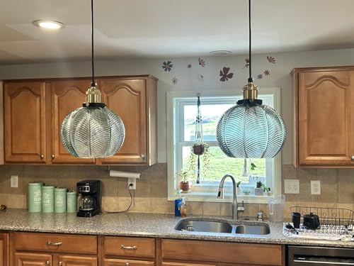 Vintage Green Ribbed Glass Pendant Lights for Kitchen Island 2 Pack