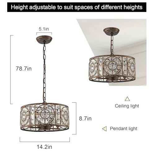 Bronze Vintage Crystal Chandeliers for Dining Room 14.17" Drum Pendant Lights