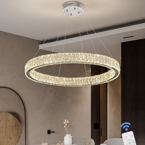 Modern LED Dimmable Crystal Chandelier 31.5" Ring Pendant Light Adjustable Round Chrome Crystal Chandelier Light Fixtures for Dining Room Living Room