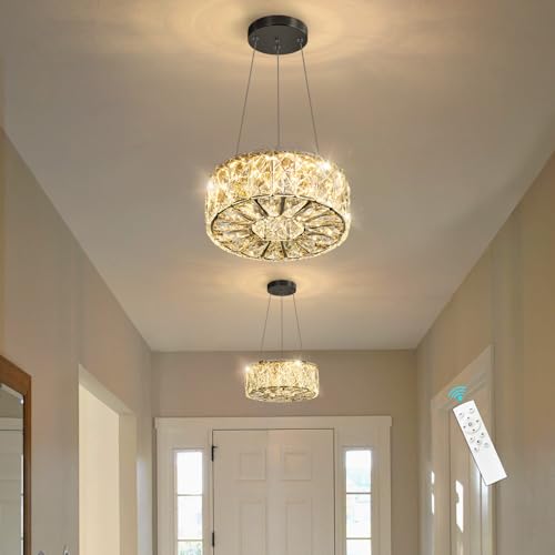 Modern Crystal Chandelier for Dining Room Dimmable LED Pendant Ceiling Light Fixtures with Remote for Entrance Bedroom Kitchen Island Black