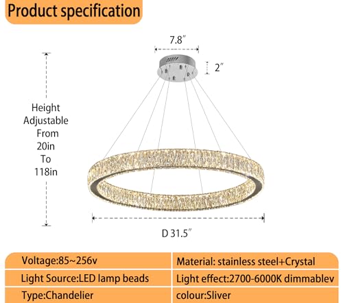 Modern LED Dimmable Crystal Chandelier 31.5" Ring Pendant Light Adjustable Round Chrome Crystal Chandelier Light Fixtures for Dining Room Living Room