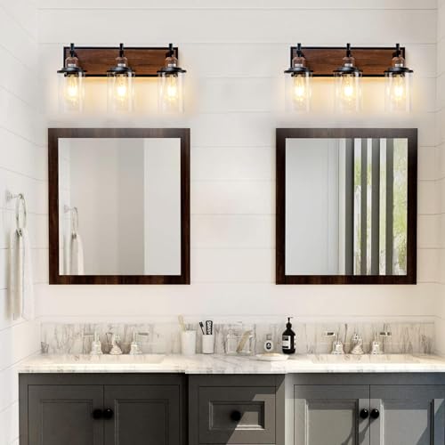 3 Light Farmhouse Bathroom Light Fixtures Vintage Vanity Lights Over Mirror Black and Wood Painted Metal Vanity Light with Glass Shades E26 Socket