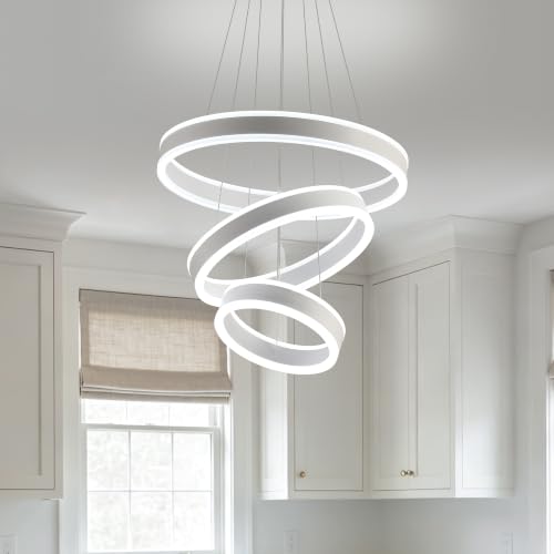 Modern LED Chandeliers Adjustable Hanging White Pendant Light Fixture 3 Ring Flush Mount Chandeliers for Bedroom