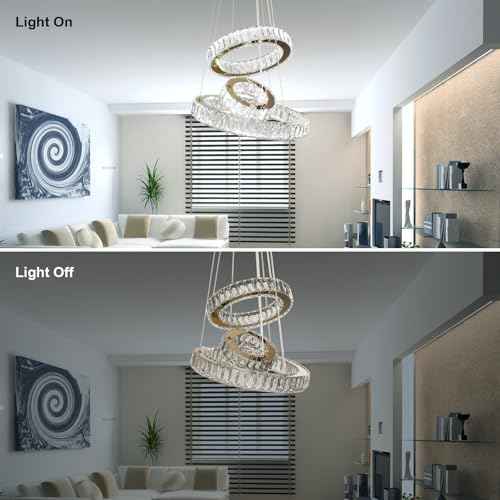 Modern LED Chandeliers Crystal Pendant Light 3 Ring Chandelier Hanging Crystal Ceiling Light Fixture Adjustable Pendant Light for Living Room Dining Room Bedroom Foyer Gold (Cool White)