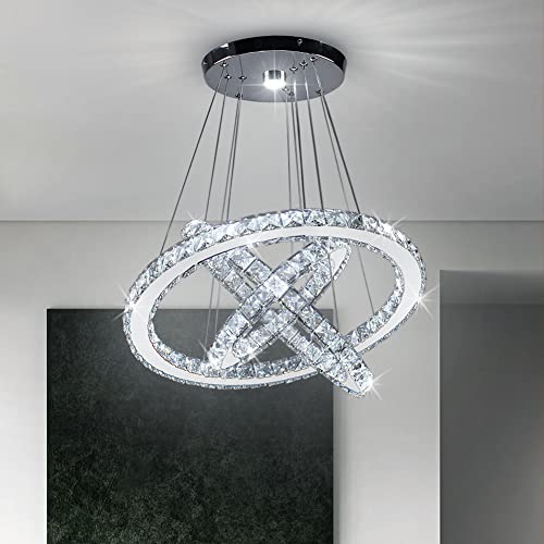 3 Ring Crystal Chandelier Adjustable LED Pendant Cool White