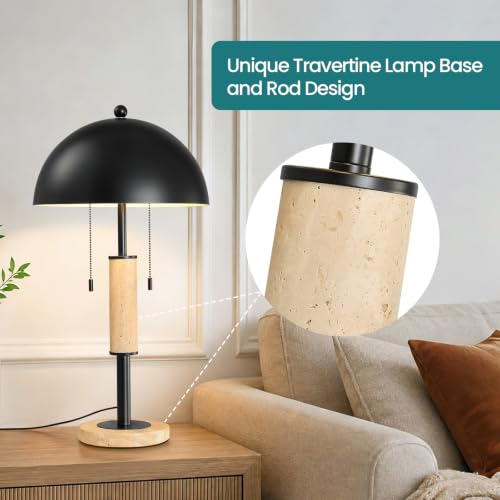 Black Bedside Table Lamp Set 2 Mid Century Modern Tavertine Nightstand Lamp
