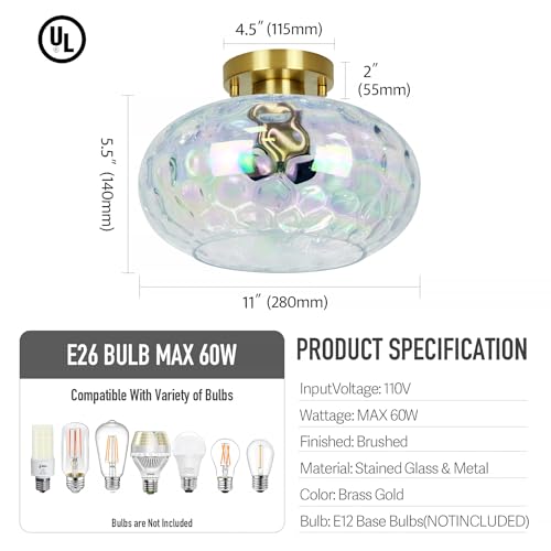 Brass Gold Semi Flush Mount Ceiling Fixture 11" Hammered Glass Shade Modern Close to Ceiling Lighting 1