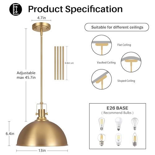13 Inch Brushed Gold Metal Pendant Light Kitchen Island