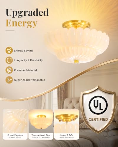 Semi Flush Mount Ceiling Light Fixture 11.8" Vinatge Gold Ceiling Lights Mid Century Modern Milk White Glass Close to Ceiling Lighting Fixtures for Bedroom Hallway Foyer Bathroom Kitchen