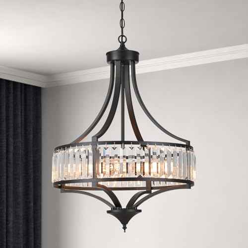 Modern Black Crystal Chandelier, 20 Inch Large Ceiling Pendant Light Fixture with 50'' Adjustable Hanging Chain, 5-Light Farmhouse Chandelier for Dining Room, Living Room, Bedroom, Entryway