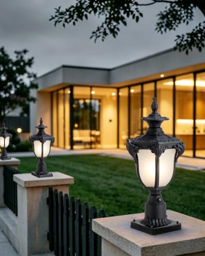 22" Black Dusk to Dawn Outdoor Post Light Fixture Vintage Large Waterproof Exterior Pole Lamp Fixture Mount Posts Lantern Head with Frosted Glass for House Garden Patio Pathway Yard Garage