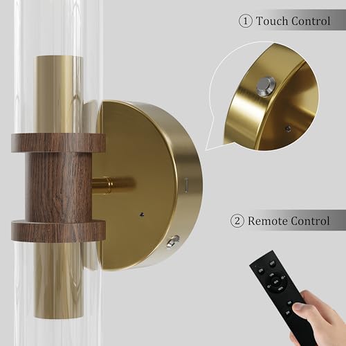 Gold & Walnut Wireless Battery Operated Wall Sconces with Remote