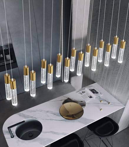 16 Lights Modern Crystal Rectangular Chandeliers LED Pendant Light for Kitchen Island High Ceiling Chandelier for Dining Room Entrance Foyer Living Room Gold
