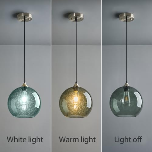 Gray Green Glass Pendant Lights Kitchen Island Lighting Globe Pendant Light Fixtures Modern Pendant Lighting for Kitchen Island Bedroom Living Dining Room Light Fixture (3 Count)